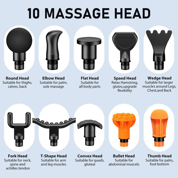 10 specialized massage heads for targeted muscle relief.