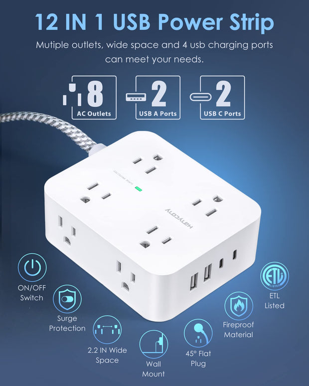 Surge protector with 8 outlets and 4 USB ports, 3-sided design.