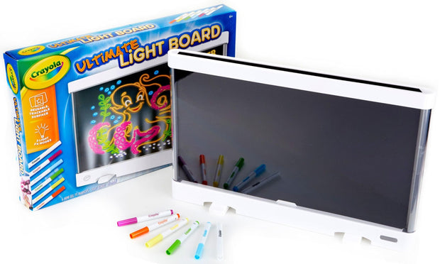 Crayola Ultimate Light Board with washable markers and LED drawing surface.