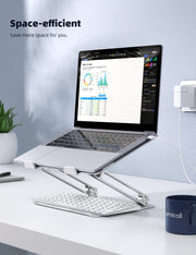 Lamicall laptop riser elevating MacBook Pro to eye level for better posture.