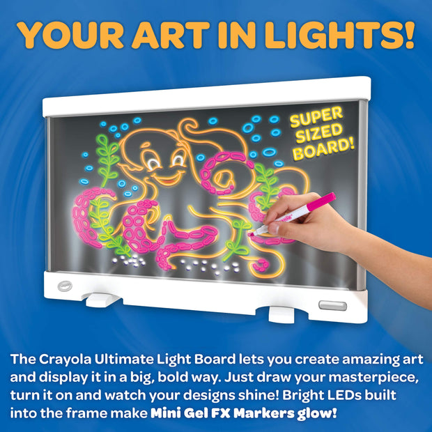 Crayola light board set with 6 washable gel markers, kickstand, and tracing panel.