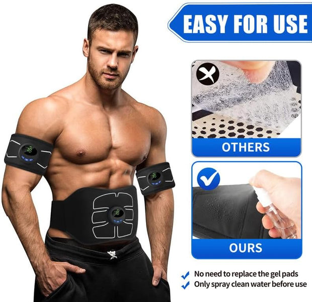 A man using the MarCoolTrip MZ Electronic Muscle Stimulator, showing how to use the device by spraying water before applying, with no need for gel pad replacements.