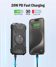 BLAVOR wireless solar charger power bank with 20W PD fast charging, showing a smartphone charging comparison.