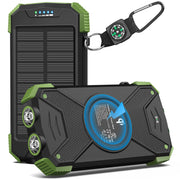 BLAVOR green solar charger with wireless charging and dual LED flashlight, ideal for emergency power.