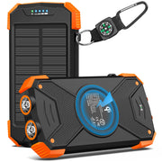 BLAVOR 10,000mAh solar power bank in orange with dual flashlights, wireless charging, and carabiner for camping.