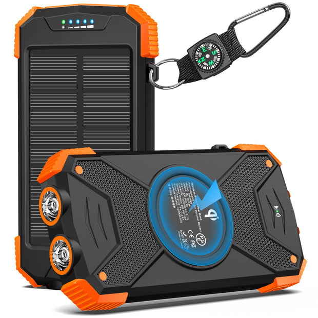 BLAVOR 10,000mAh solar power bank in orange with dual flashlights, wireless charging, and carabiner for camping.