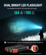 BLAVOR solar power bank showing dual LED flashlight with bright emergency mode for night use.