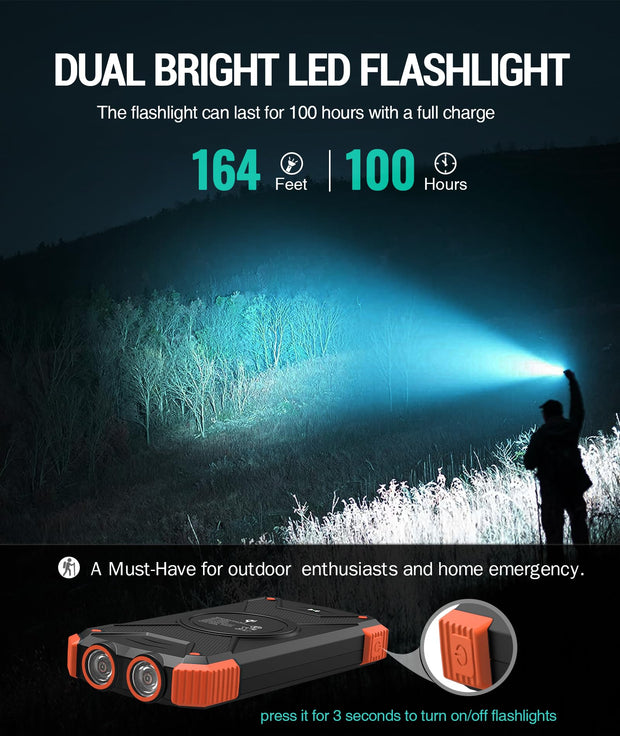 BLAVOR solar power bank showing dual LED flashlight with bright emergency mode for night use.