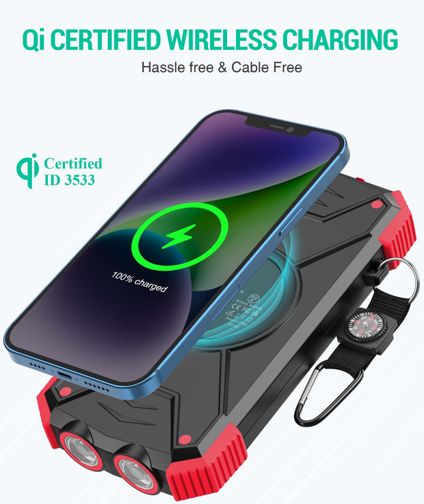 BLAVOR wireless solar charger power bank charging a smartphone with Qi-certified wireless technology.