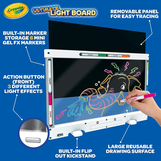 Light-up LED drawing board showing colorful designs for kids.