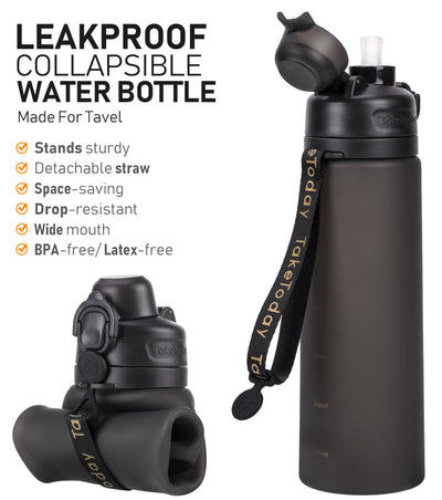 TakeToday collapsible water bottle, black 20oz travel flask, BPA-free.