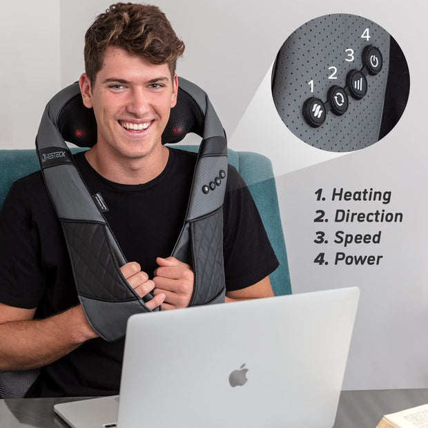 Person using RESTECK massager to show heat, direction, speed, and power.