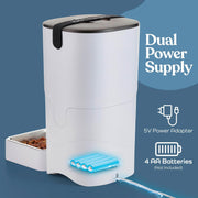 Automatic pet feeder with dual power supply for continuous feeding