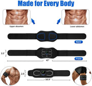 Visual guide of the MarCoolTrip MZ electronic muscle stimulator, highlighting compatibility with different body areas.