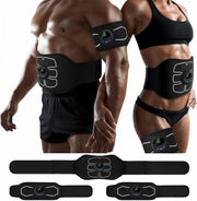 Close-up of the MarCoolTrip MZ Electronic Muscle Stimulator fitness belt on a male and female model, designed for full-body toning.