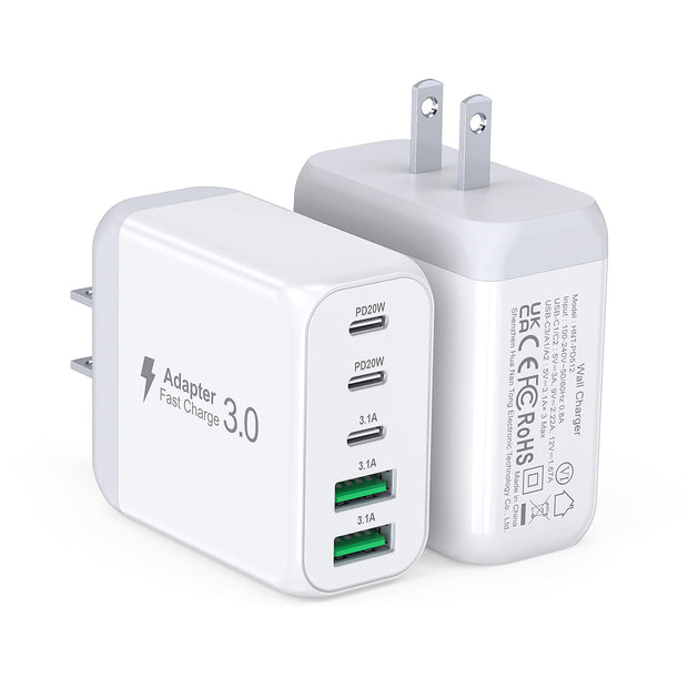 50W USB-C wall charger delivering PD 20W and QC 3.0 fast charging for smartphones and tablets, white.