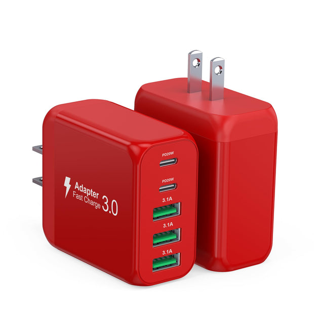 50W USB-C wall charger delivering PD 20W and QC 3.0 fast charging for smartphones and tablets, red.