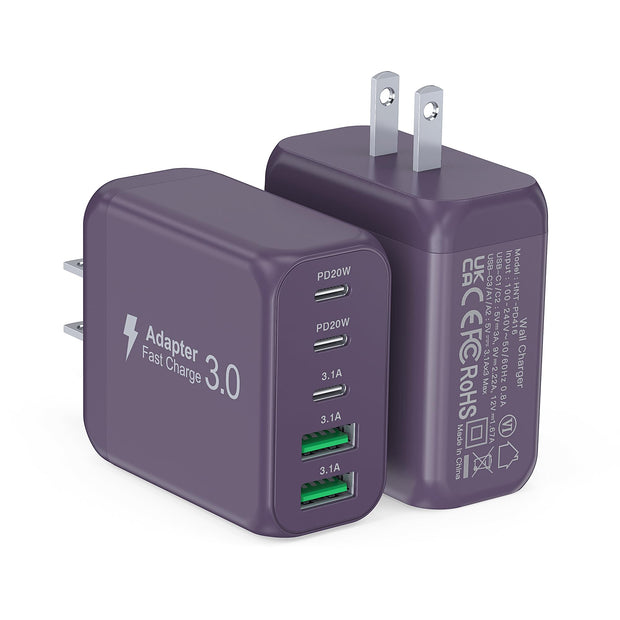 Portable USB-C multiport charger with 5 ports for travel and home use, purple.