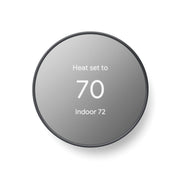 Google Nest Thermostat displaying temperature settings on a sleek digital screen, charcoal.