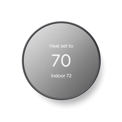 Google Nest Thermostat displaying temperature settings on a sleek digital screen, charcoal.