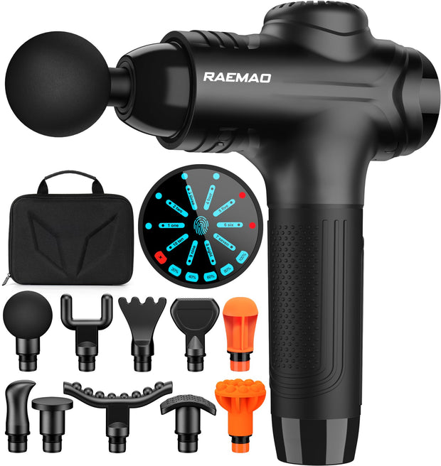 RAEMAO deep tissue massage gun with LED display and 10 attachments., black