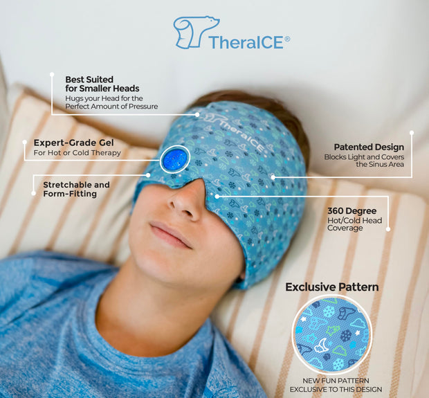 Woman wearing TheraICE migraine cap for natural headache relief.