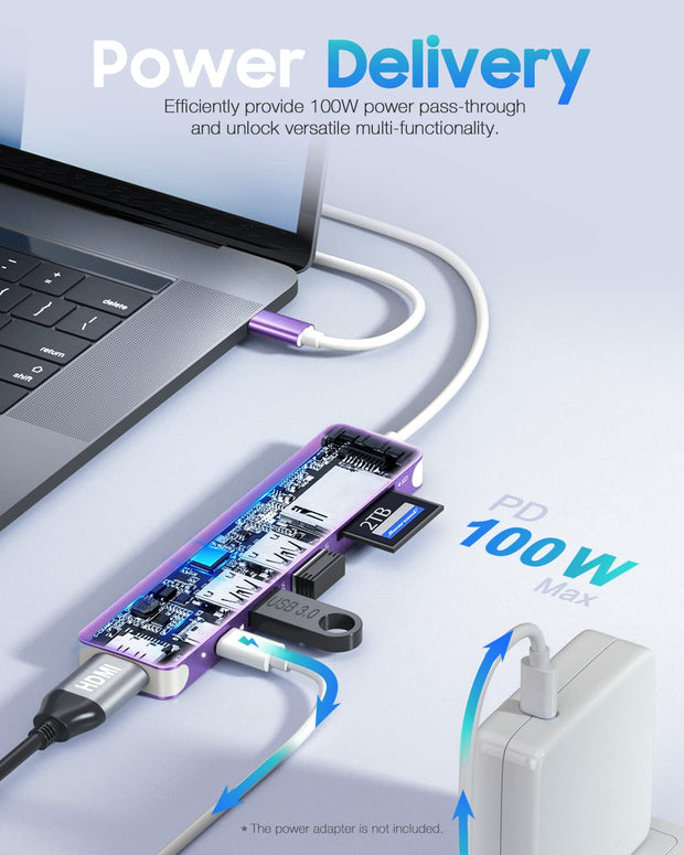 USB-C hub supporting 100W Power Delivery charging for laptops