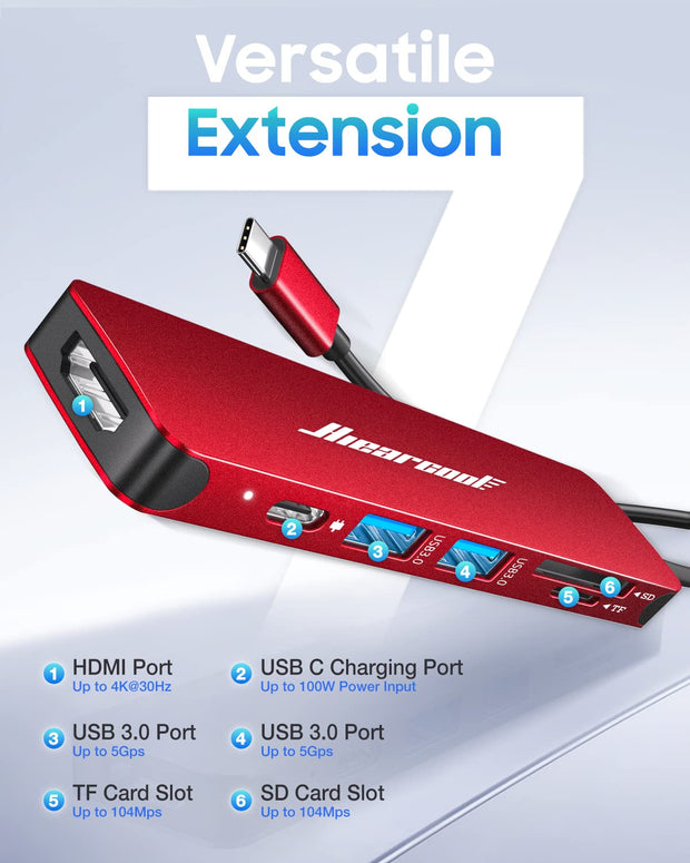 Versatile USB-C hub showcasing 4K HDMI, USB 3.0, and card reader features