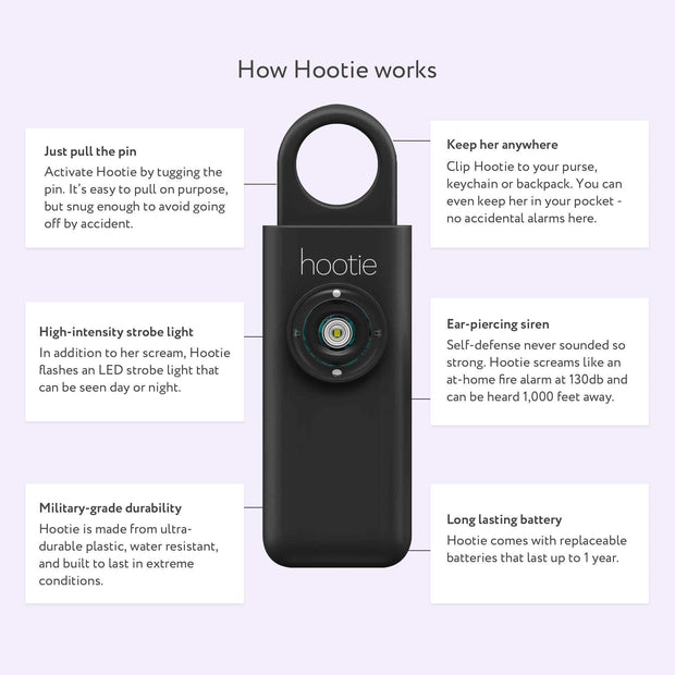 Durable and lightweight Hootie keychain alarm for women and men.