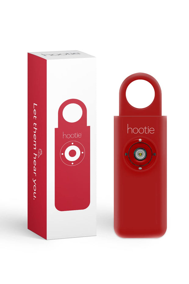 Hootie personal safety alarm keychain with 130dB siren and strobe light, red.