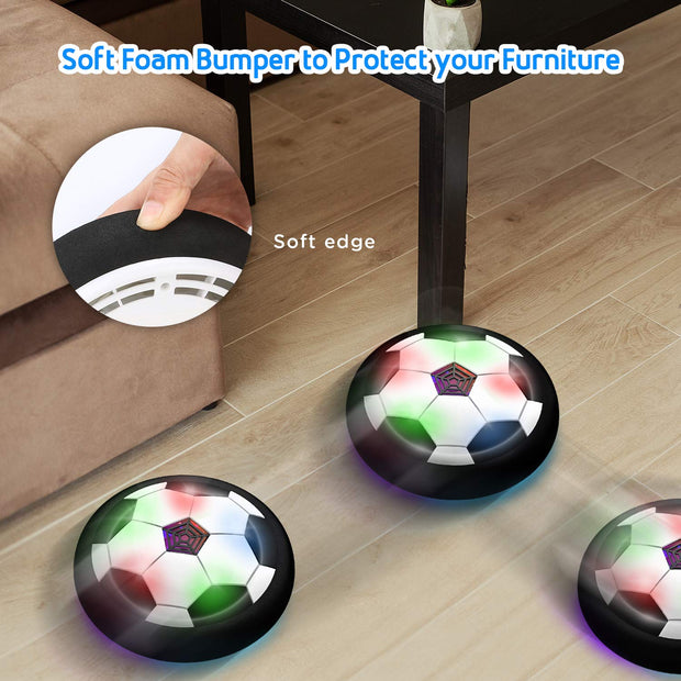 Air-powered soccer ball gliding across a hardwood floor with bright LED lights.