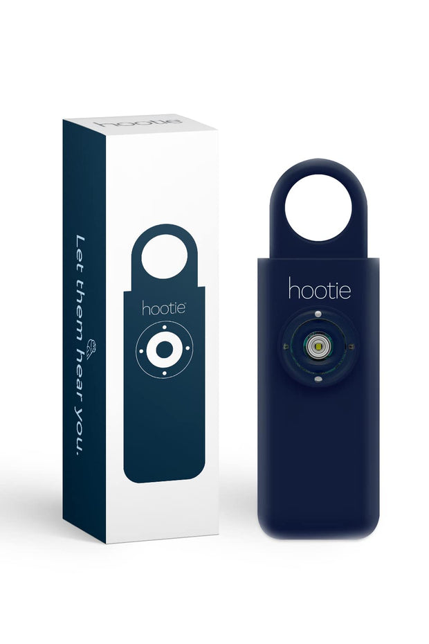 Hootie personal safety alarm keychain with 130dB siren and strobe light, blue.