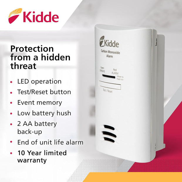 The carbon monoxide detector's features like led operation, event memory, and battery backup