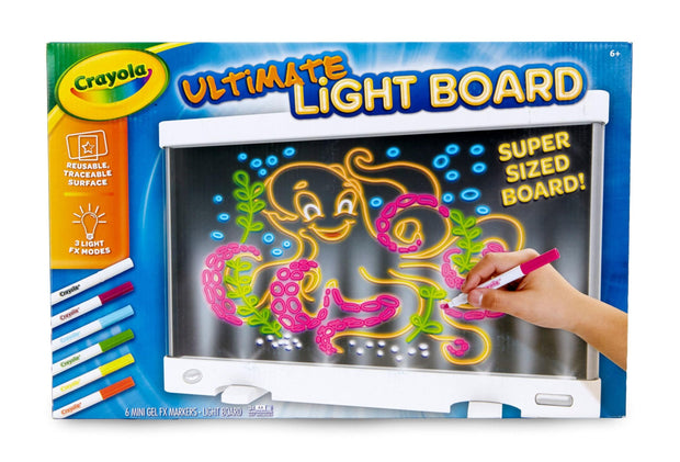 Crayola Ultimate Light Board with washable markers and LED drawing surface.