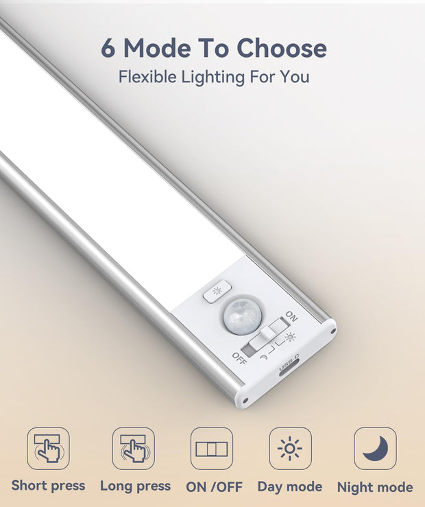 Close-up of under cabinet LED light with touch control button