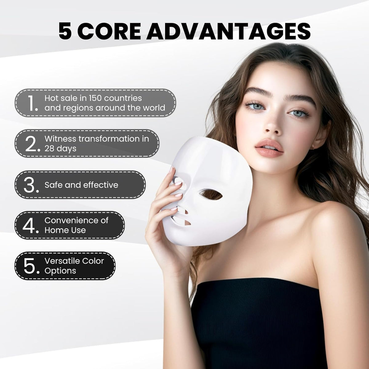 Breakdown of five core advantages of the LED light therapy facial mask for skincare.