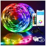  Smart LED strip lights controlled via mobile app and IR remote for customizable colors and effects.