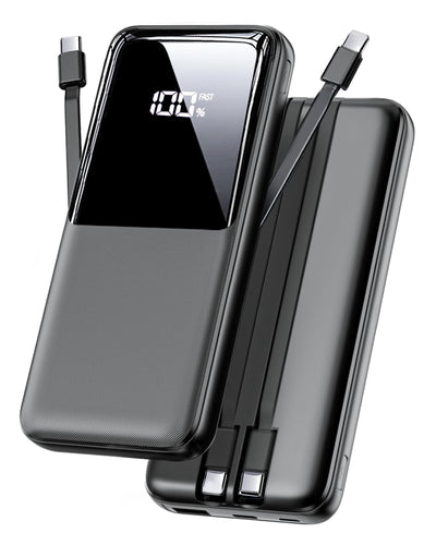 CFIAI 15,000mAh portable charger with built-in iOS and USB-C cables.