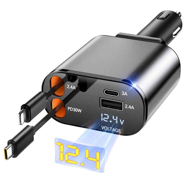 Retractable car charger plugged in, displaying 12.4V voltage reading