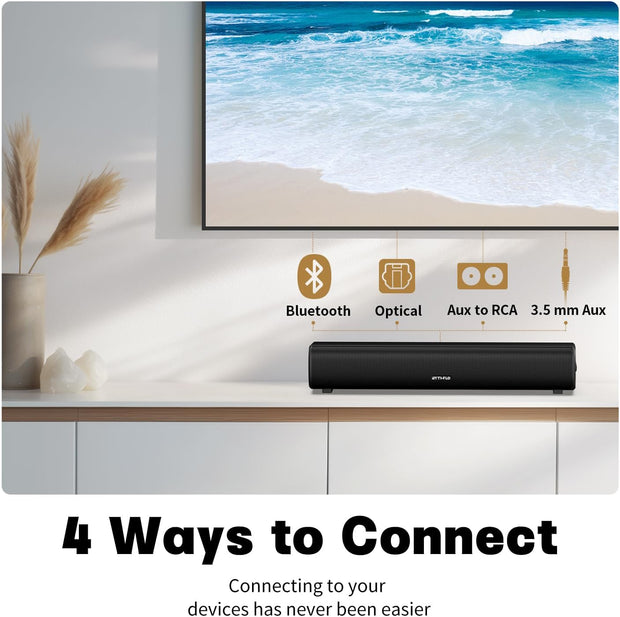 Rythflo soundbar with Bluetooth, Optical, AUX, and RCA input options