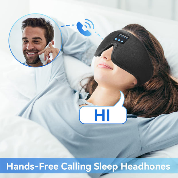 Woman wearing Bluetooth sleep mask with built-in microphone, demonstrating hands-free calling feature.