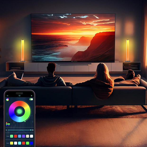 RGB light bar showing app-based controls for customizable colors, brightness, and preset modes.