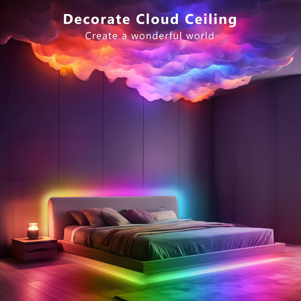 LED strip lights displaying under a bed, and in a cloud ceiling.