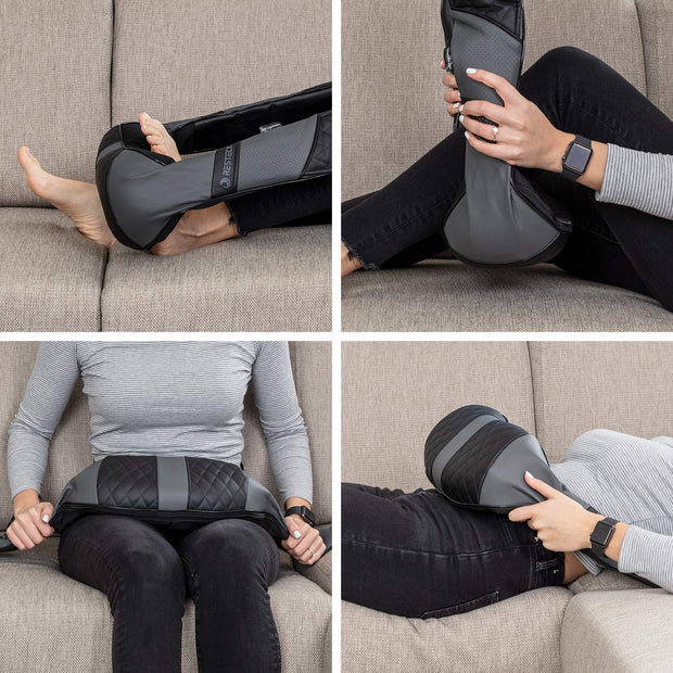 Person using RESTECK massager on different parts of the body.