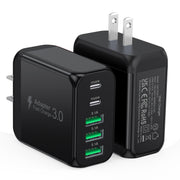 USB C Wall Charger Block 50W with 5 ports including PD 20W and QC 3.0 for iPhone, iPad, and more, black.