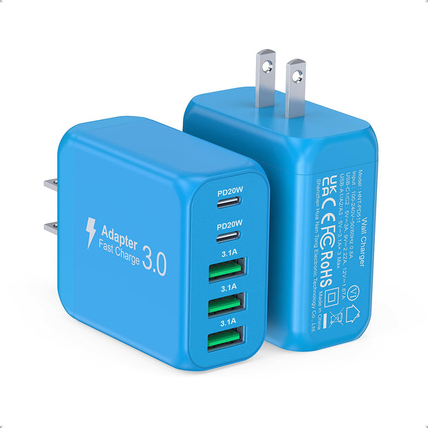 5-port USB-C charger block with 2 USB-C and 3 USB-A ports for fast charging, blue.